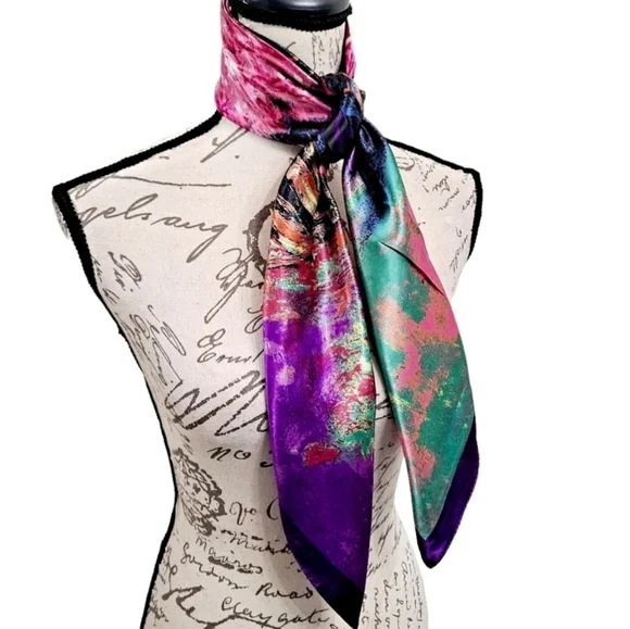 Square Satin Floral Print Neck Scarf Boho oversized oil painting 💖2/$30 - Picture 10 of 16